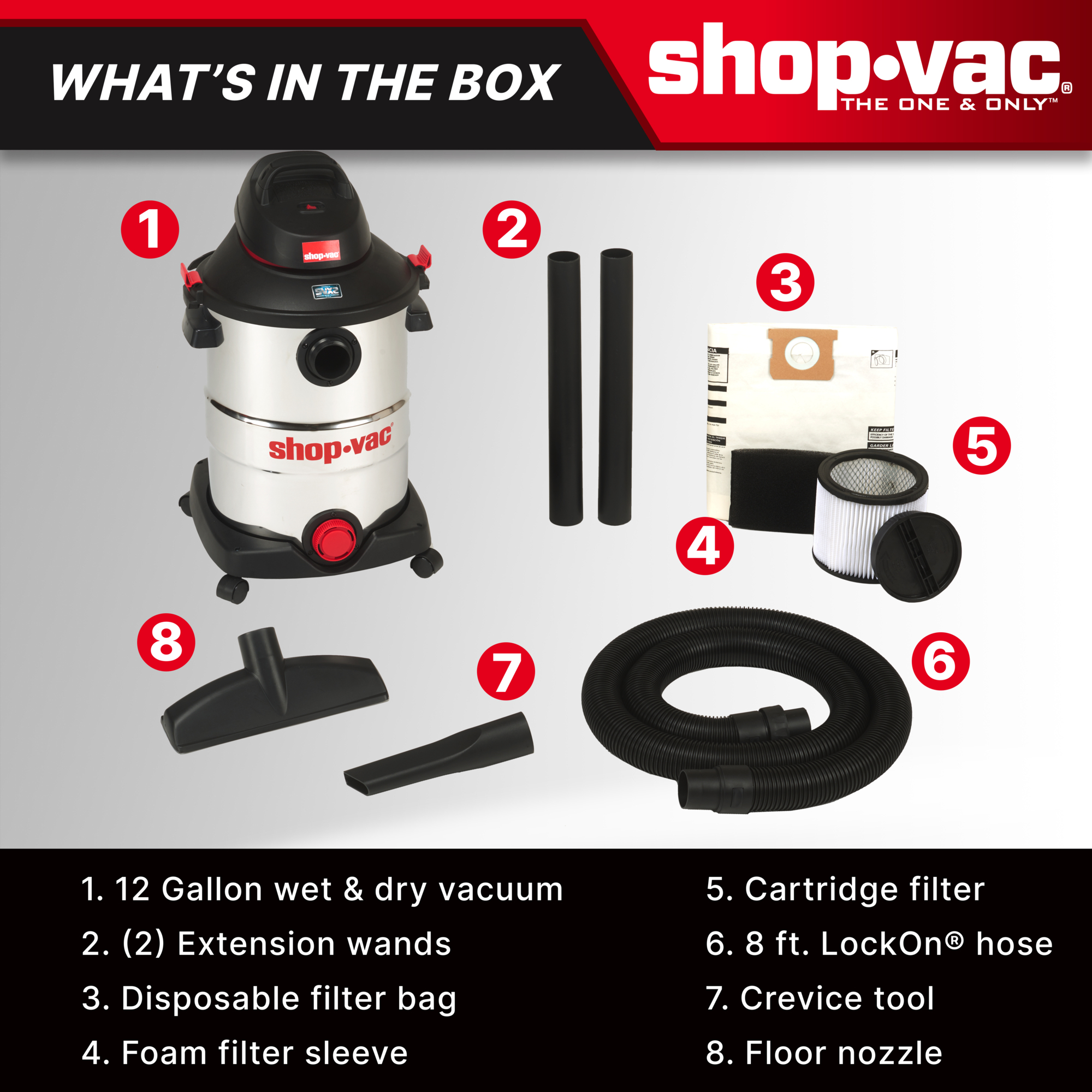 The Shop-Vac® 12 Gallon 5.5 Peak HP Stainless Steel Wet/Dry Vac 5989505 features Powerful SVX2 Motor Technology.